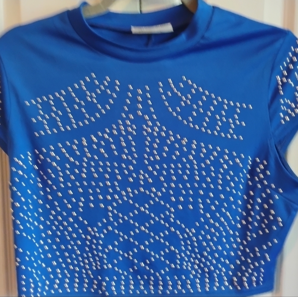 Jasmine Sportswear Royal Blue Mock Neck Studded Crop Top - Size XL - Picture 5 of 9